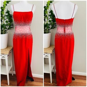 Vintage Cassandra Stone Red 90s Y2K Beaded Prom Formal Gown Sheer Waist Size 6